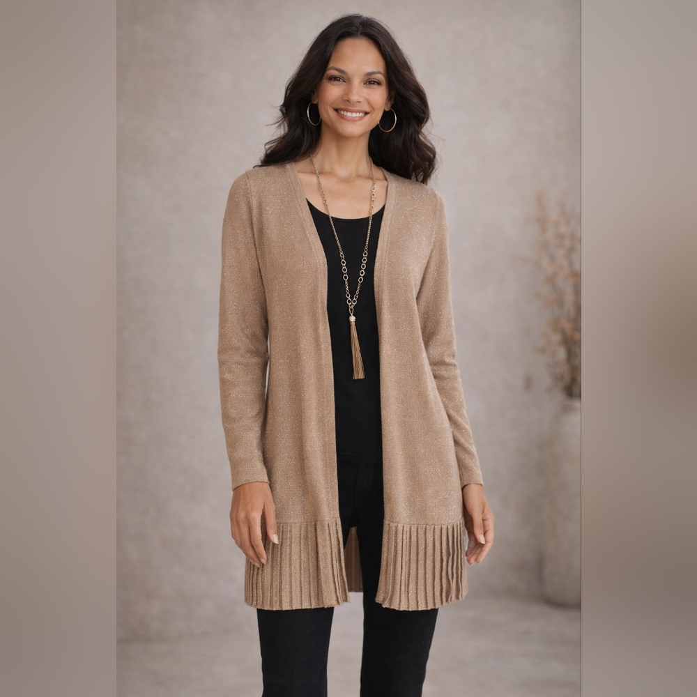 NWT Chico's Open-Front Pleated-Hem Gold Lurex Cardigan